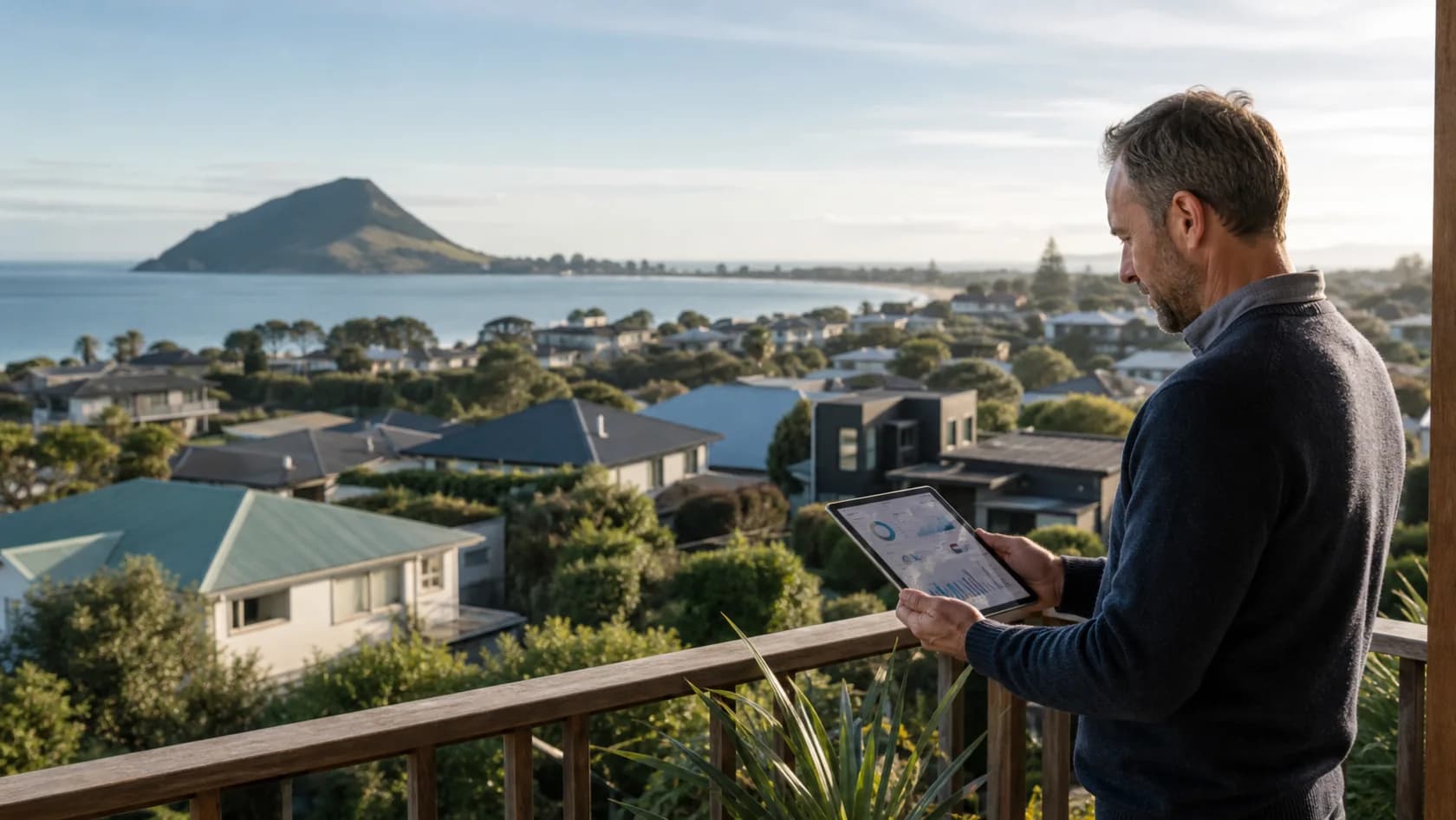 A Tauranga homeowner reviewing property market information above the harbour