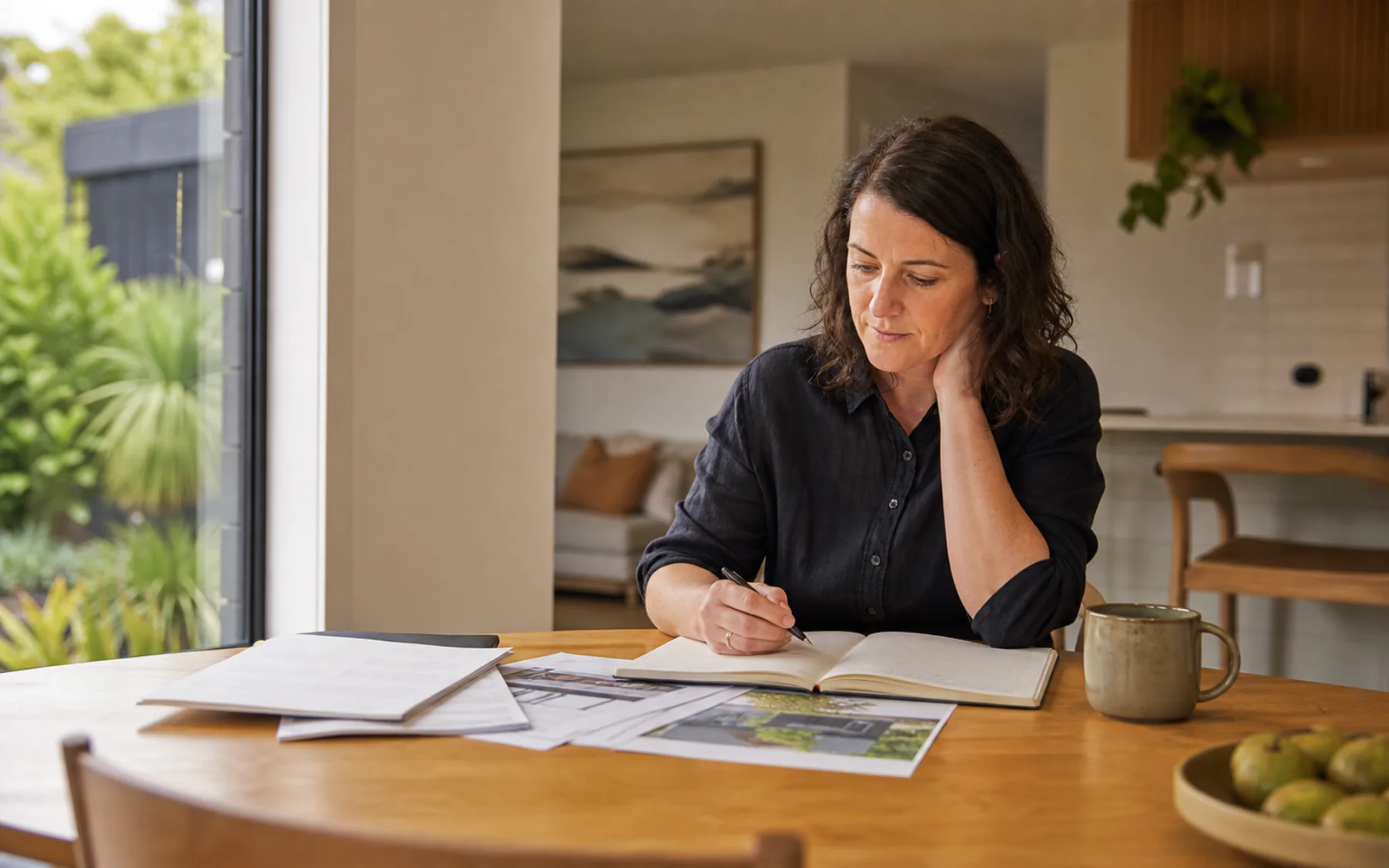 New Zealand homeowner planning a possible home sale at the kitchen table