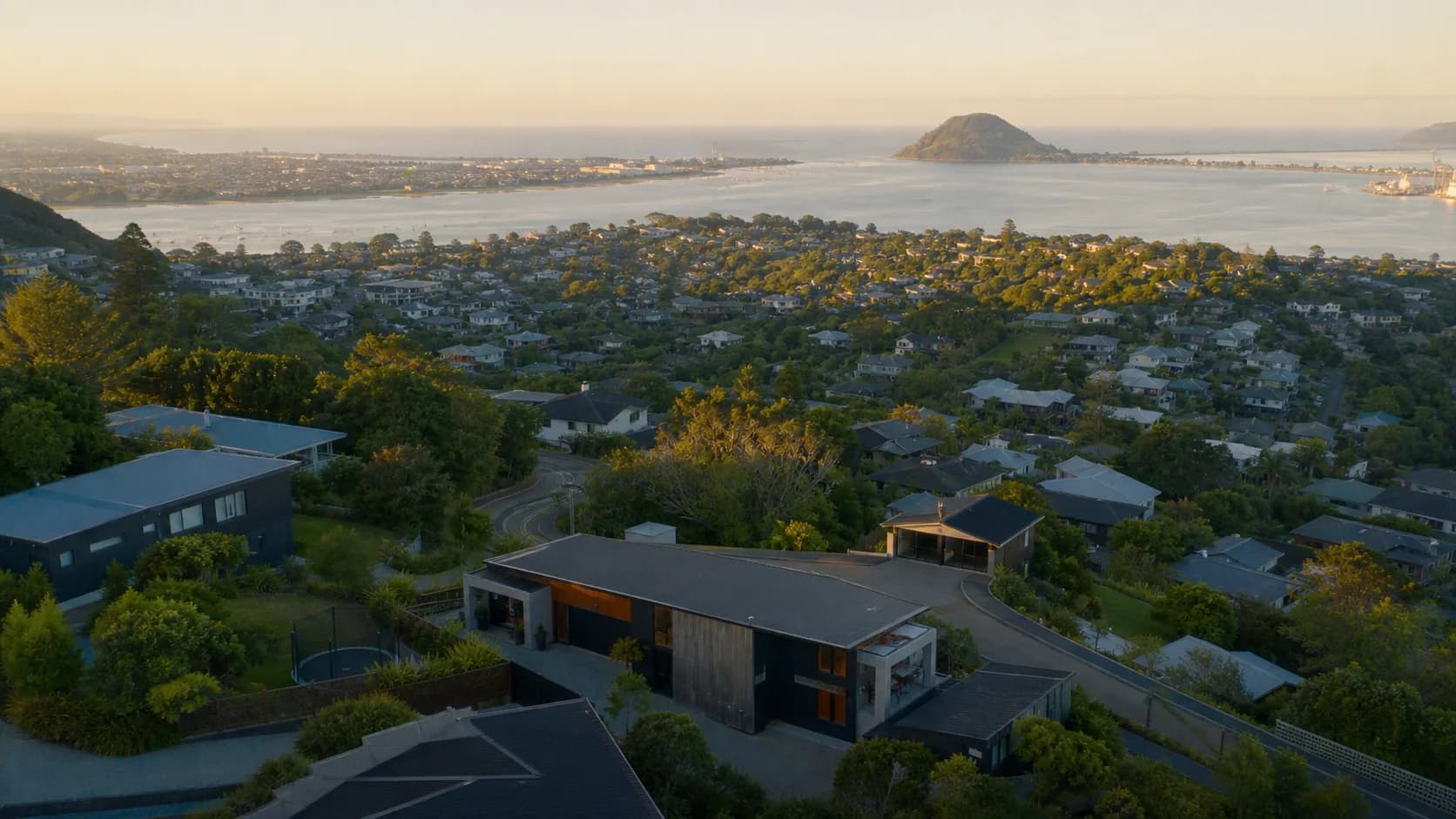 Elevated coastal view across Tauranga homes and harbour